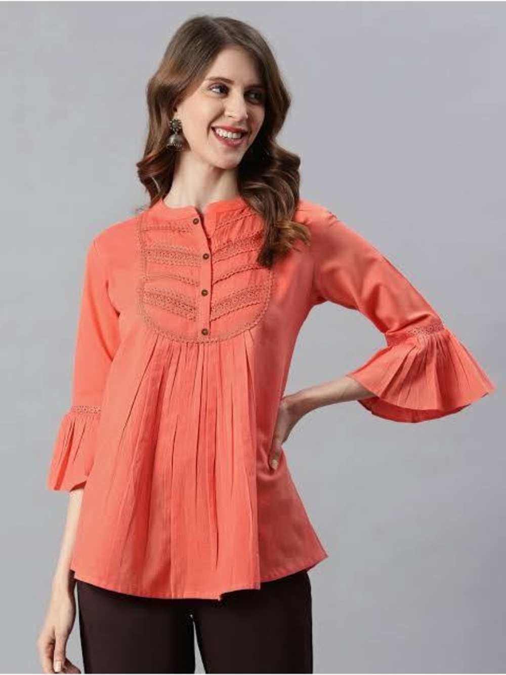Coral Pleated Lace-Front Tunic Top